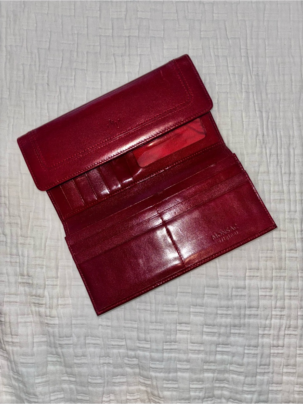 Vintage Monsac Burgundy Red Smooth Leather Trifold Clutch Wallet Organizer - Picture 2 of 7